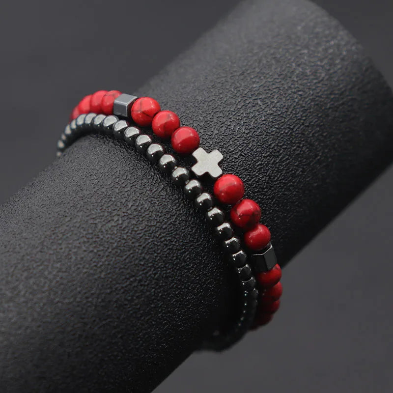 IRON FAITH – 2pcs Men’s Hematite Cross & Tiger Eye Lava Stone Bracelet Set
