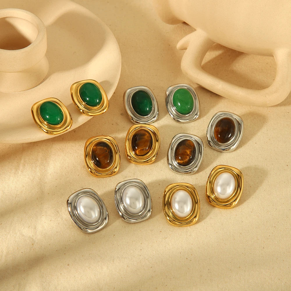 GOLDEN GODDESS – Statement Tiger Eye & Pearl Waterproof Stud Earrings for Women