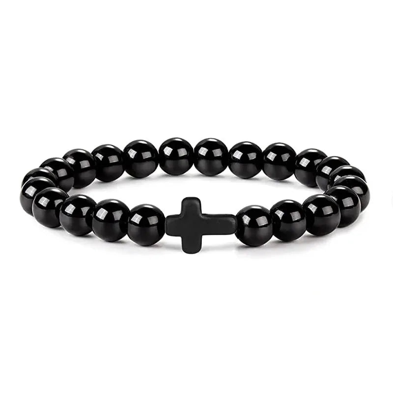 DIVINE GUARDIAN – Hematite & Onyx Prayer Rosary Bracelet with Wood Beads