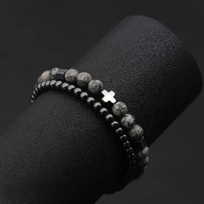 IRON FAITH – 2pcs Men’s Hematite Cross & Tiger Eye Lava Stone Bracelet Set