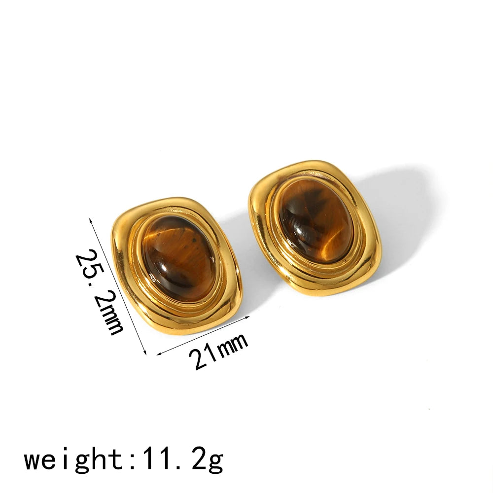 GOLDEN GODDESS – Statement Tiger Eye & Pearl Waterproof Stud Earrings for Women