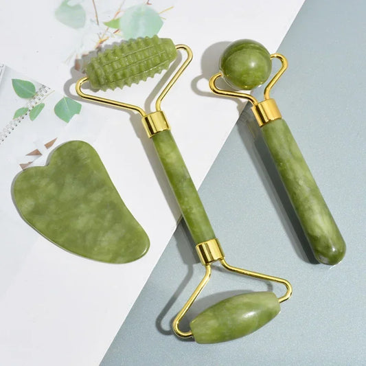 SERENE GLOW – Natural Xiuyu Jade Roller & Gua Sha Massage Set