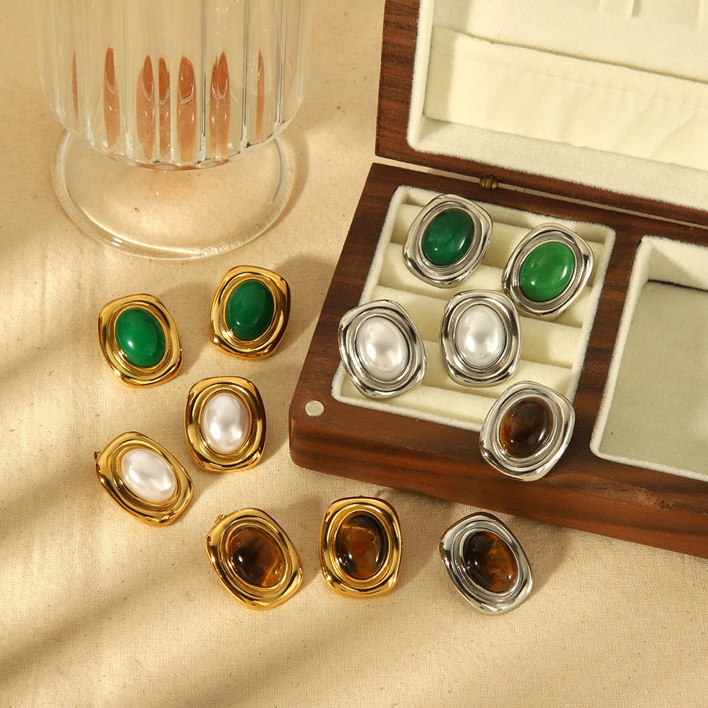 GOLDEN GODDESS – Statement Tiger Eye & Pearl Waterproof Stud Earrings for Women