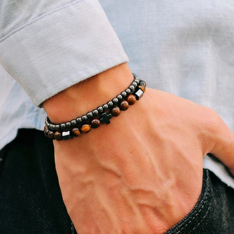 IRON FAITH – 2pcs Men’s Hematite Cross & Tiger Eye Lava Stone Bracelet Set