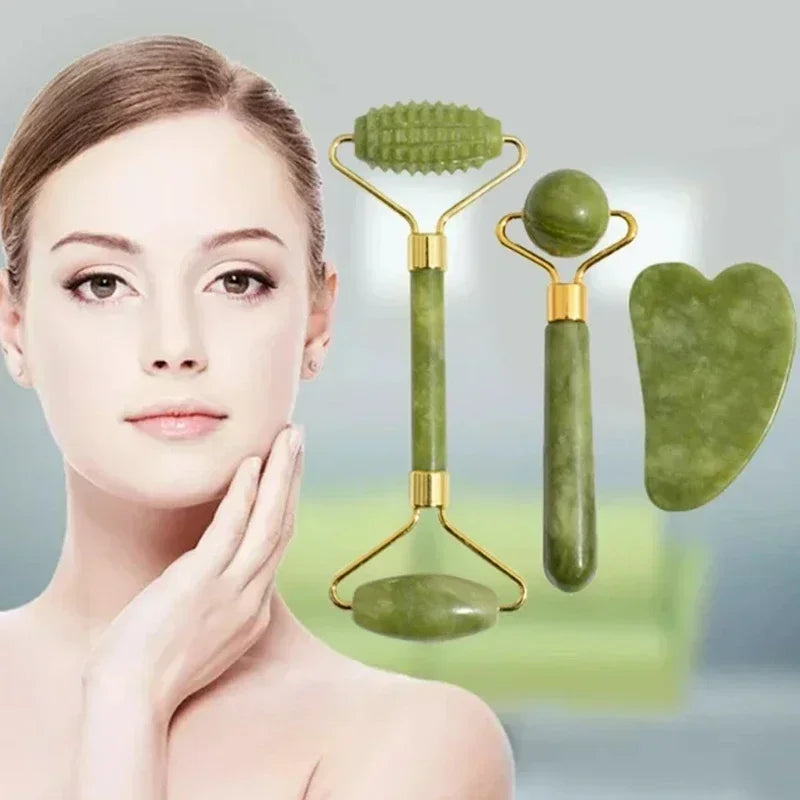 SERENE GLOW – Natural Xiuyu Jade Roller & Gua Sha Massage Set