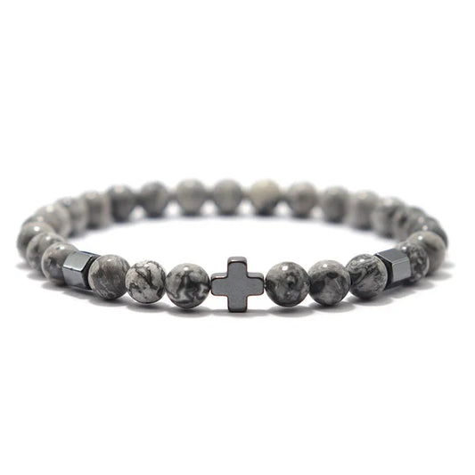 IRON FAITH – 2pcs Men’s Hematite Cross & Tiger Eye Lava Stone Bracelet Set