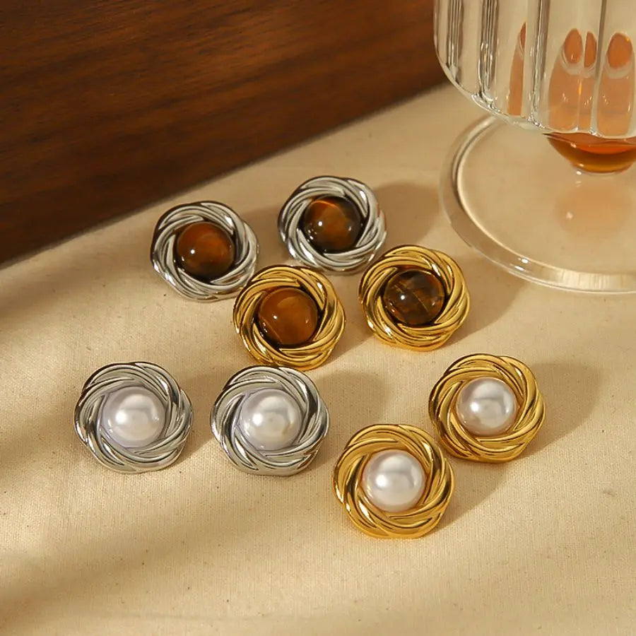 GOLDEN GODDESS – Statement Tiger Eye & Pearl Waterproof Stud Earrings for Women