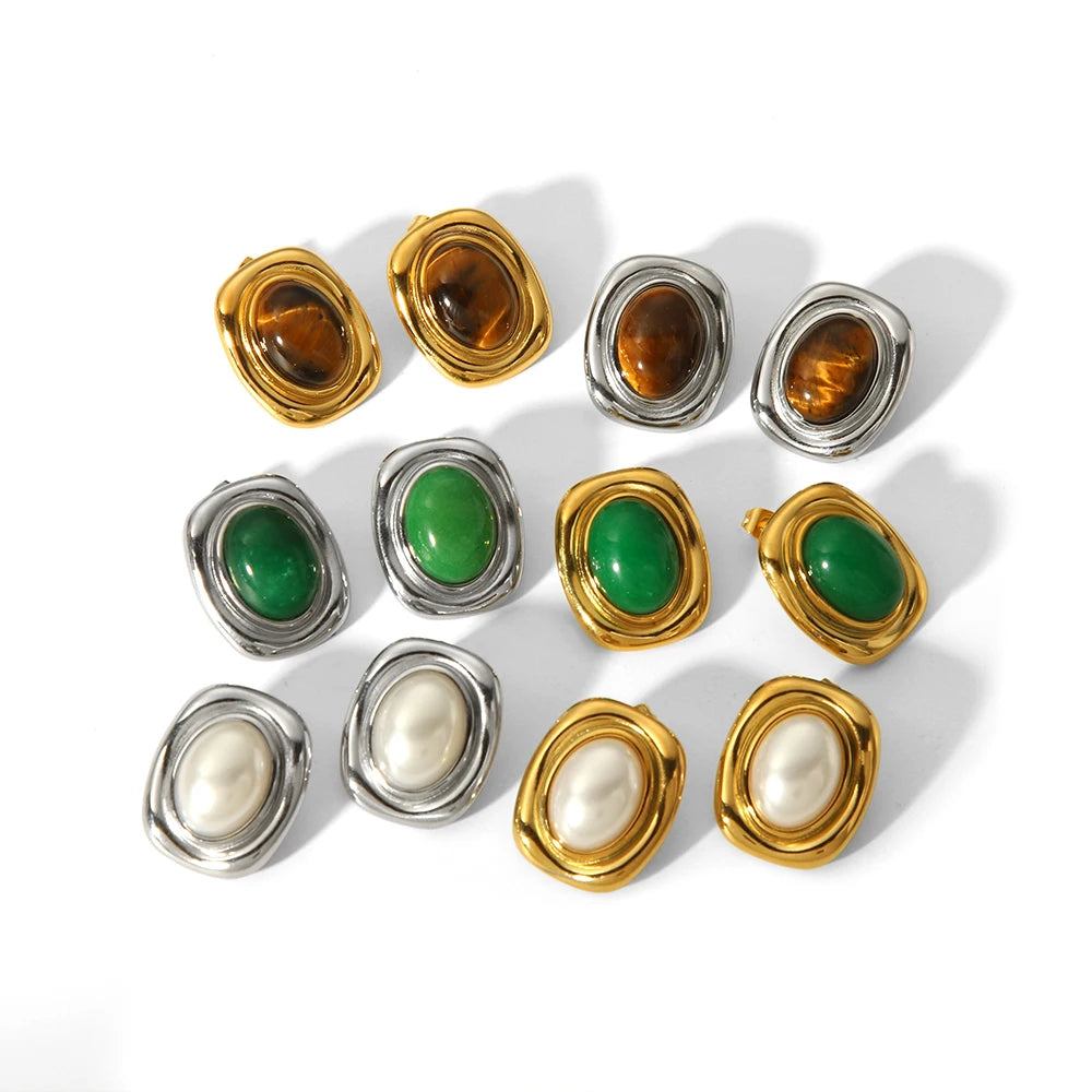 GOLDEN GODDESS – Statement Tiger Eye & Pearl Waterproof Stud Earrings for Women