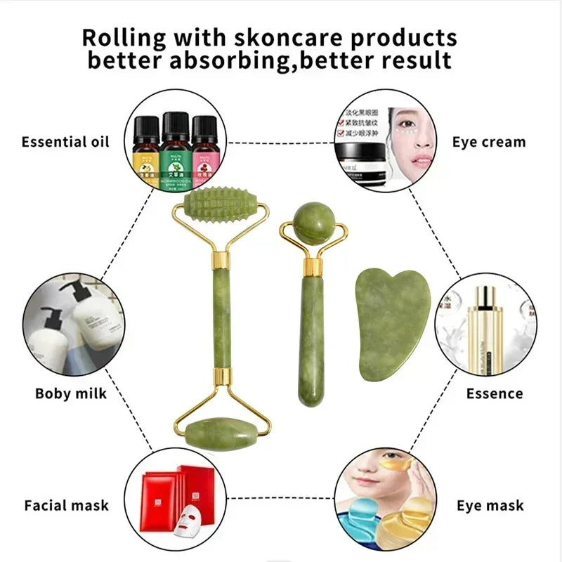 SERENE GLOW – Natural Xiuyu Jade Roller & Gua Sha Massage Set