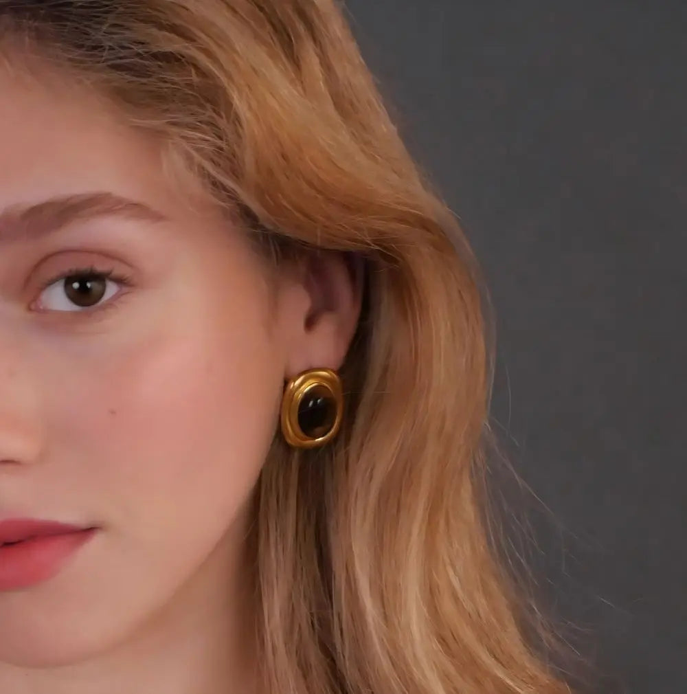 GOLDEN GODDESS – Statement Tiger Eye & Pearl Waterproof Stud Earrings for Women