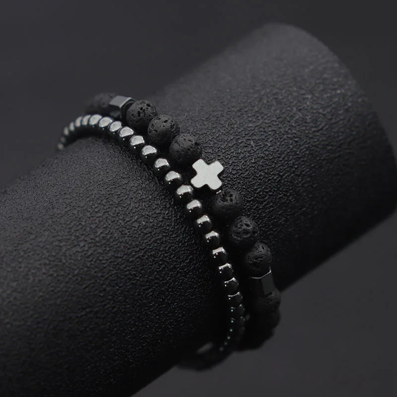 IRON FAITH – 2pcs Men’s Hematite Cross & Tiger Eye Lava Stone Bracelet Set