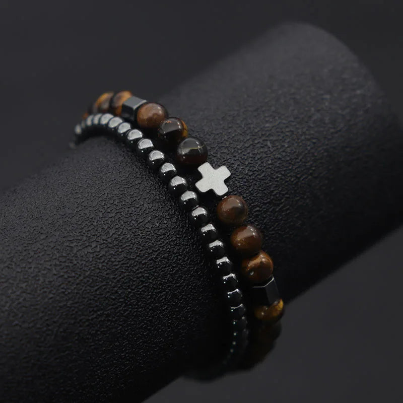IRON FAITH – 2pcs Men’s Hematite Cross & Tiger Eye Lava Stone Bracelet Set