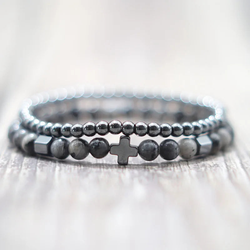 IRON FAITH – 2pcs Men’s Hematite Cross & Tiger Eye Lava Stone Bracelet Set