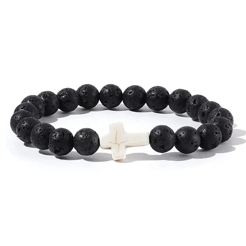 DIVINE GUARDIAN – Hematite & Onyx Prayer Rosary Bracelet with Wood Beads