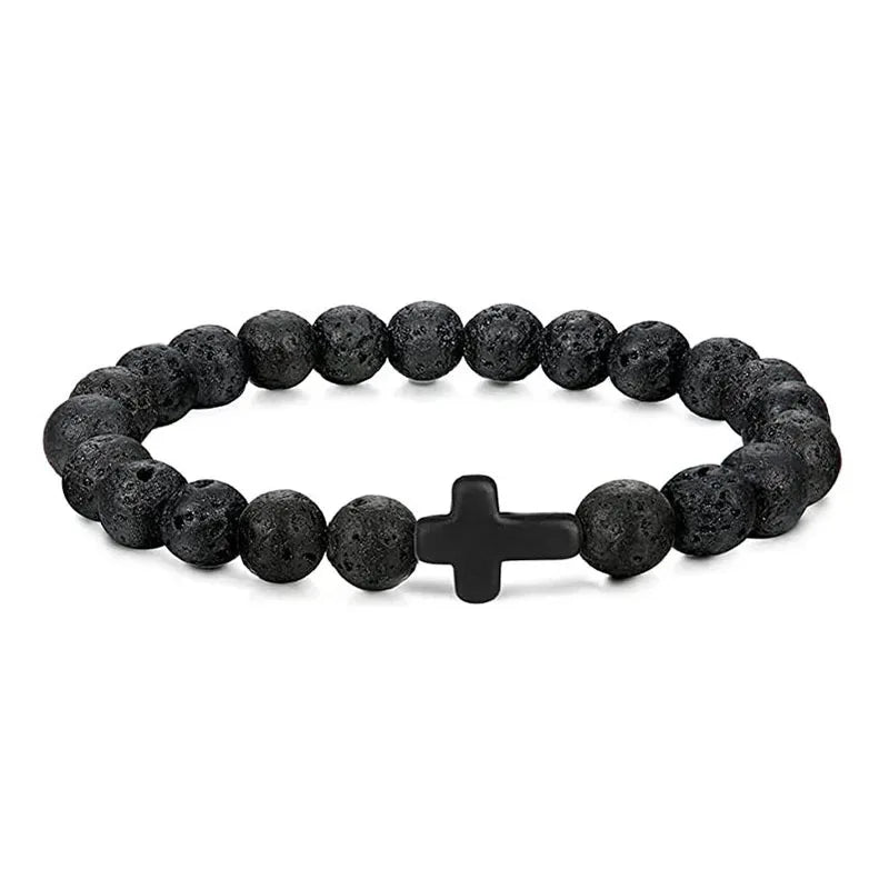 DIVINE GUARDIAN – Hematite & Onyx Prayer Rosary Bracelet with Wood Beads