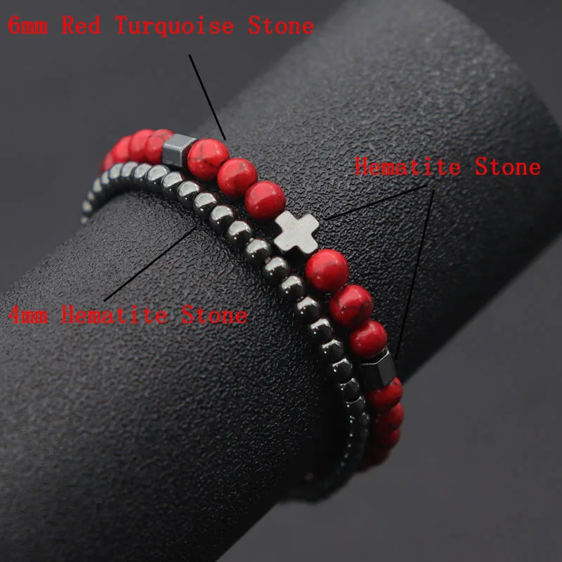 IRON FAITH – 2pcs Men’s Hematite Cross & Tiger Eye Lava Stone Bracelet Set